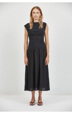 A.Ren Iris Dress black midi dress modeled front view