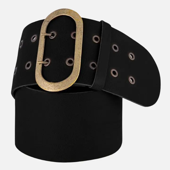 Amsterdam wide black belt with double grommets and gold buckle