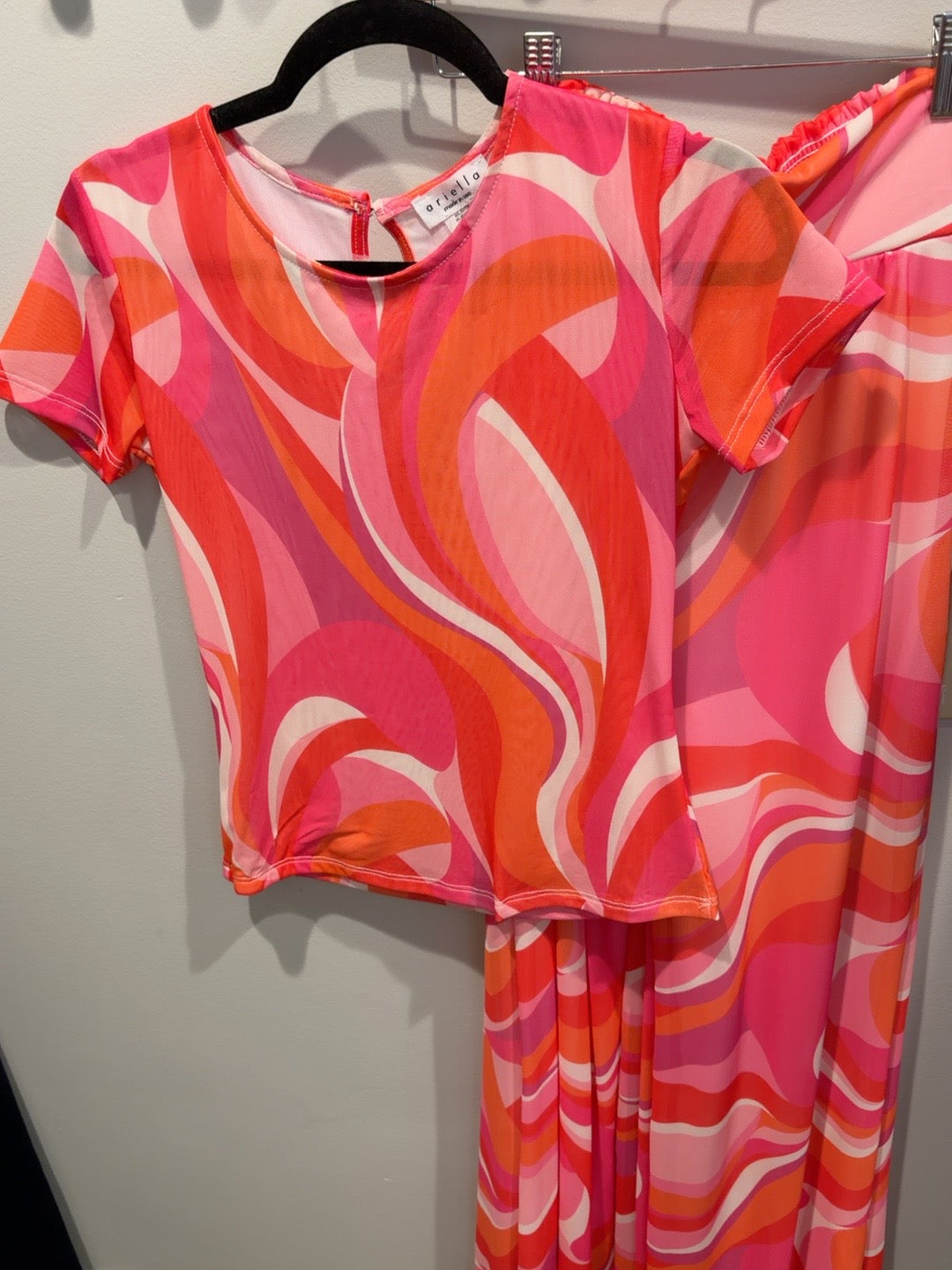 Ariella pink and orange swirl print matching top and pants