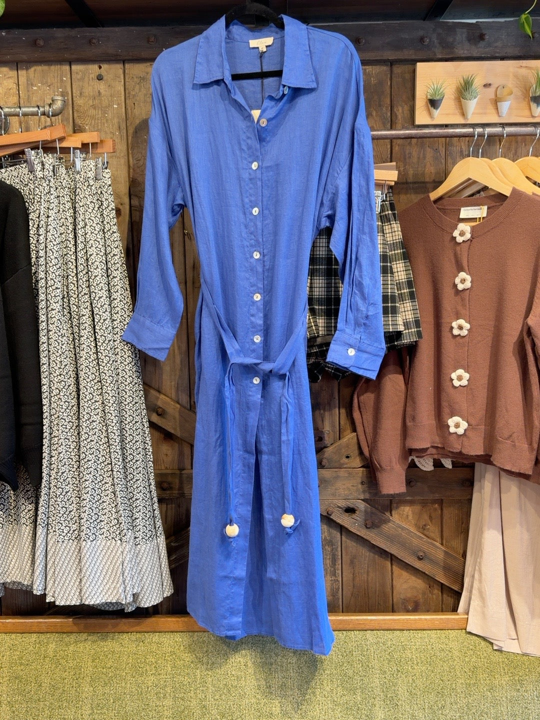 Elan sapphire blue button-front belted maxi shirt dress