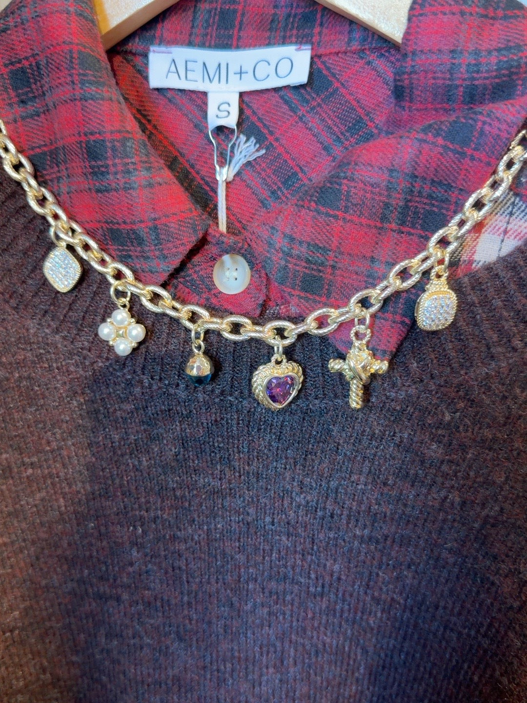 Chunky gold-tone chain necklace with assorted crystal and pearl charms