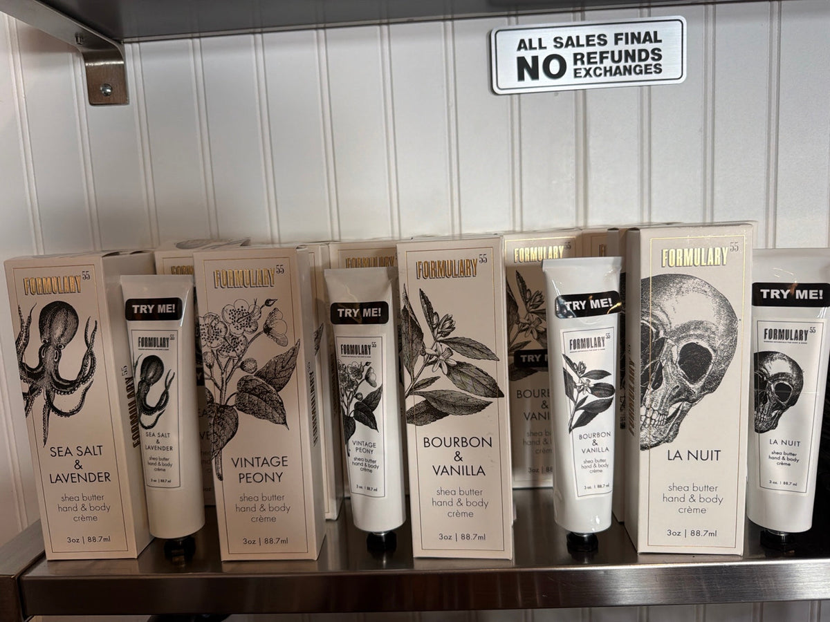 Formulary 55 hand and body cremes, four fragrances shown