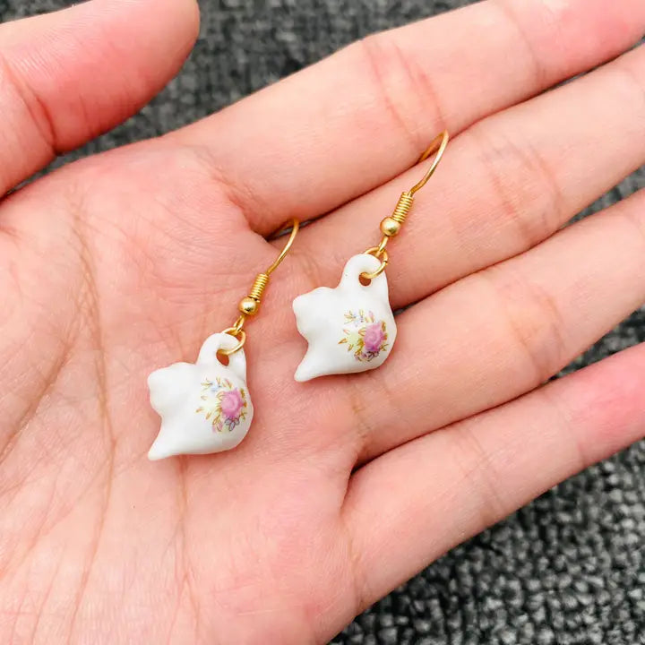 Mio Queena - Pink Flower Ceramic Teapot & Teacup Charm Dangle Earrings