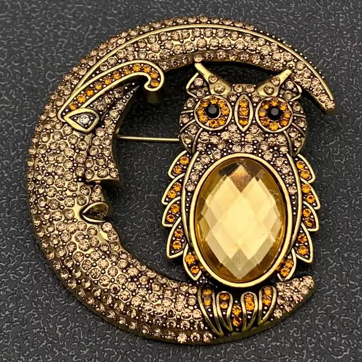 Mio Queena - Sparkling Rhinestone Moon & Glass Owl Brooch