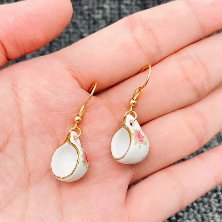 Mio Queena - Pink Flower Ceramic Teapot & Teacup Charm Dangle Earrings
