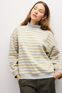 Mod Ref striped sweatshirt in gray and pale yellow, modeled