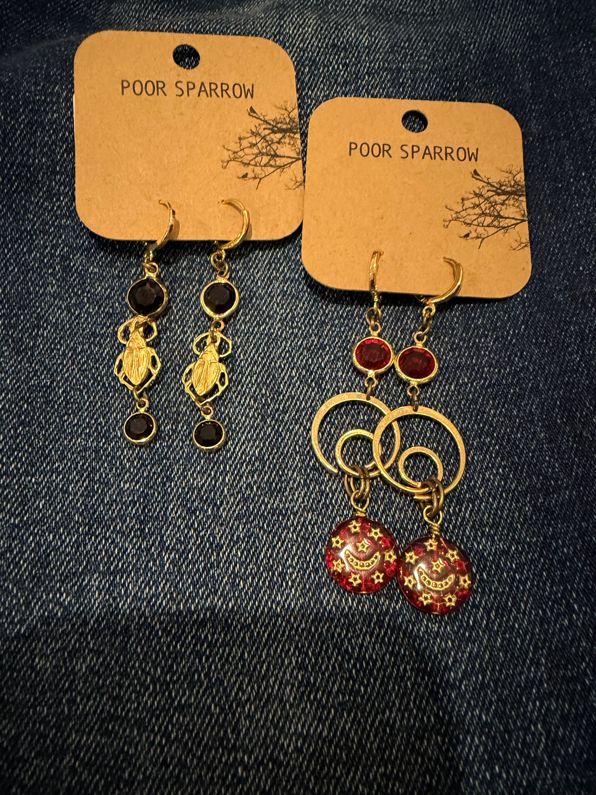 Poor Sparrow - Brass & Crystal Beetle Huggie Hoop Earrings