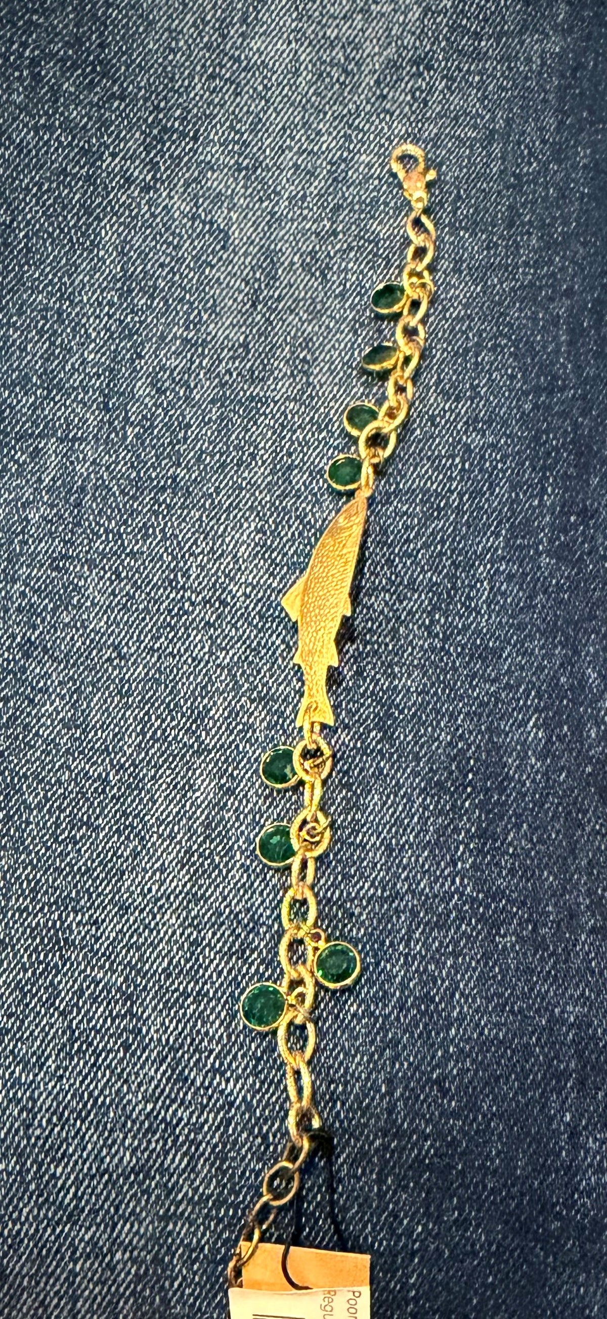 Poor Sparrow - Gold Adjustable Fish Bracelet with Green Crystals