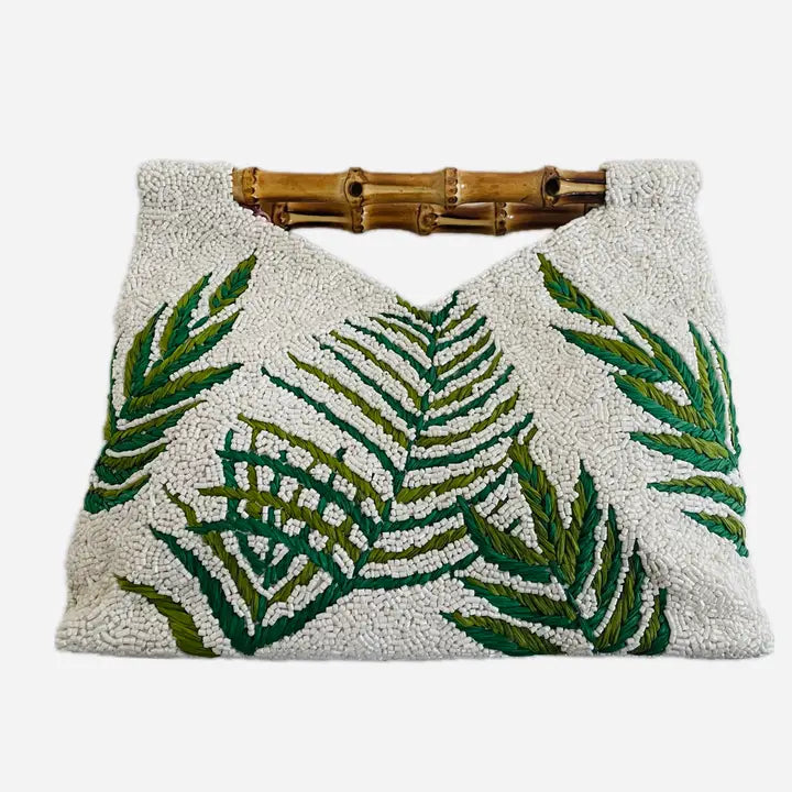 Tiana - Green & White Raffia Clutch