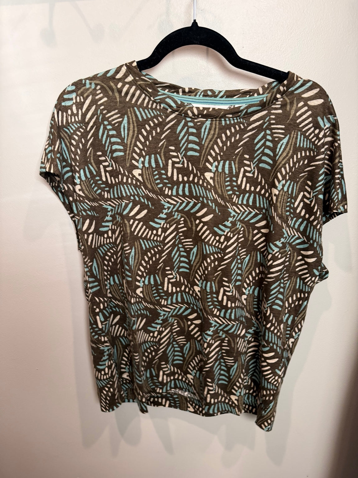White Stuff Rowan linen blend top in brown teal and cream leaf print