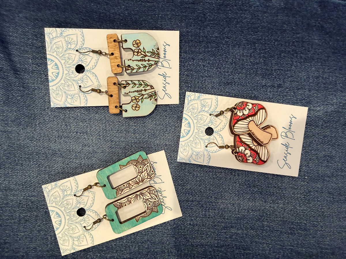 Seaside Blooms - Hand-Painted Mushroom Maple Wood Earrings
