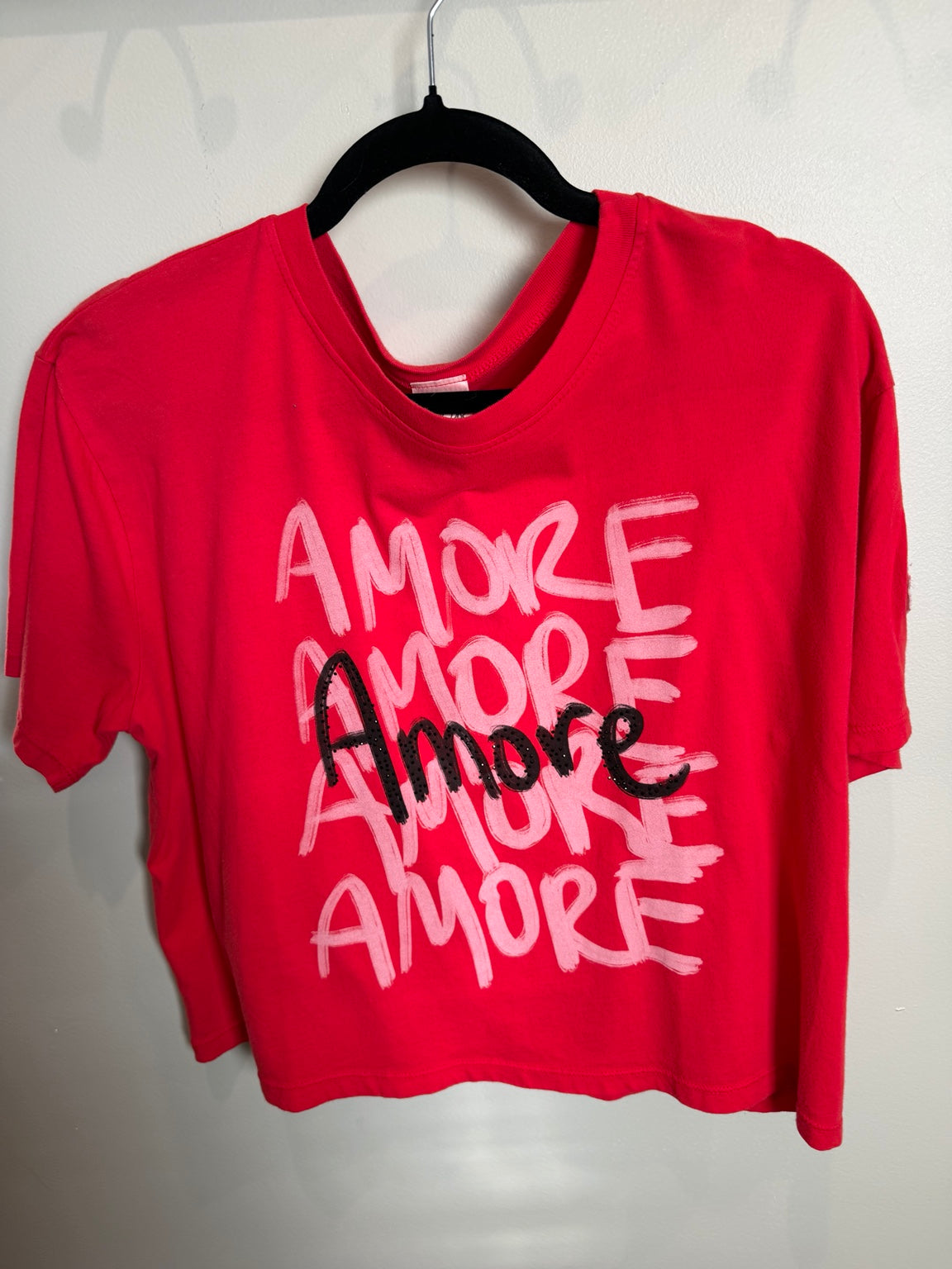 All Us Amore Wide Boy Tee red graphic shirt front view