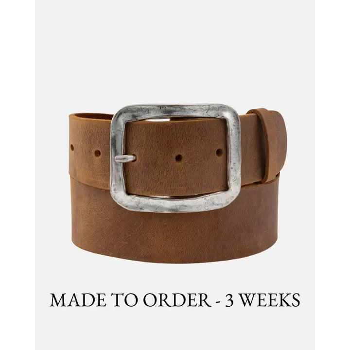 Amsterdam brown leather wide belt with antique silver rectangular buckle