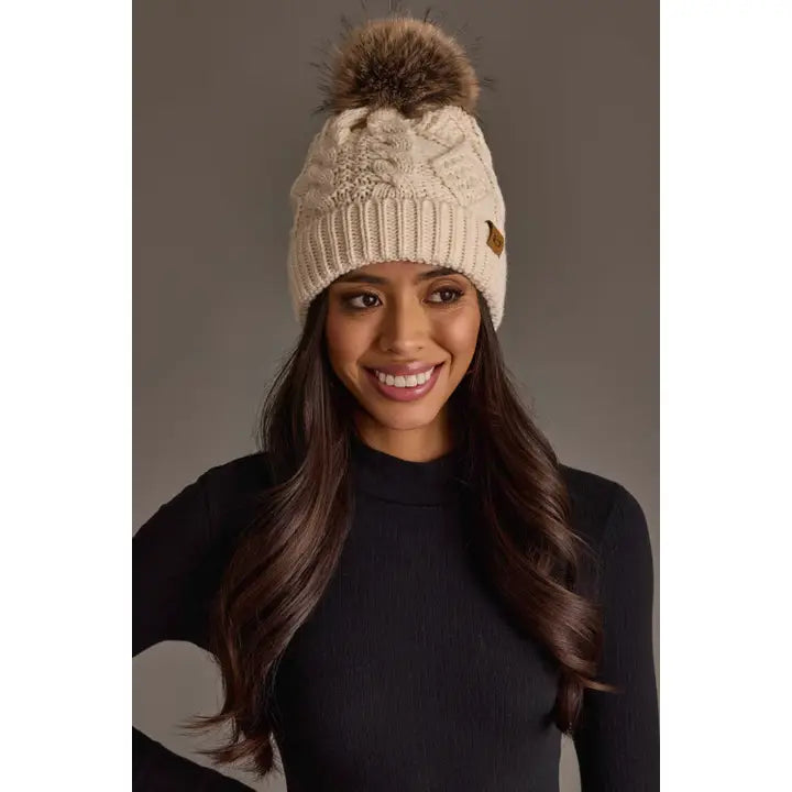 Panache - Beige Cable Knit Pom Hat