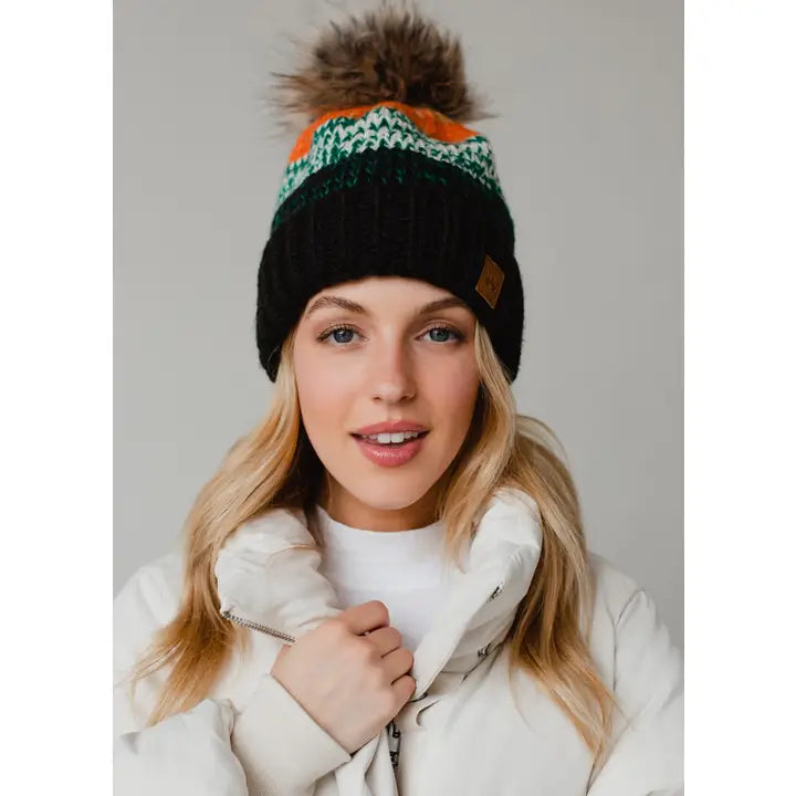Panache - Black, Green & Orange Patterned Pom Hat