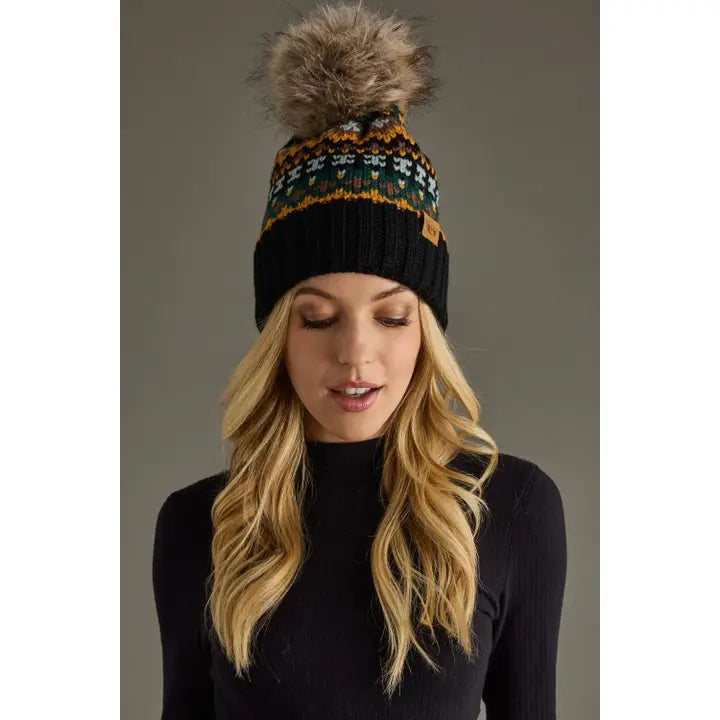 Panache - Black & Multicolored Patterned Pom Hat