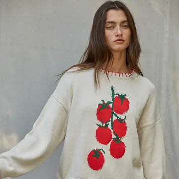 By Together tomato sweater with red tomatoes on cream knit, front view