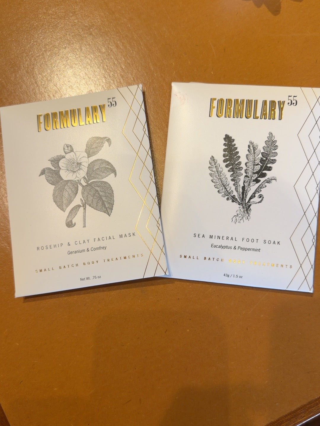 Formulary 55 facial mask and foot soak packaging