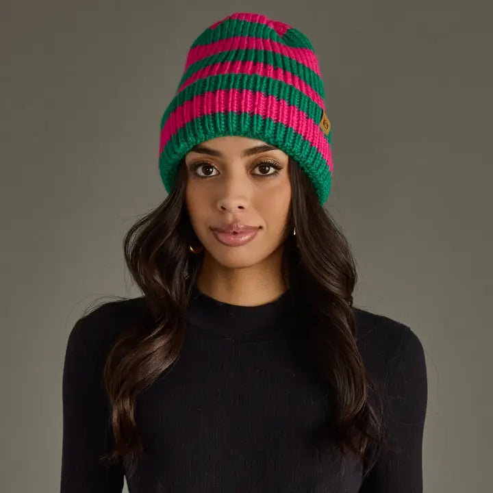 Panache - Green & Pink Striped Knit Beanie