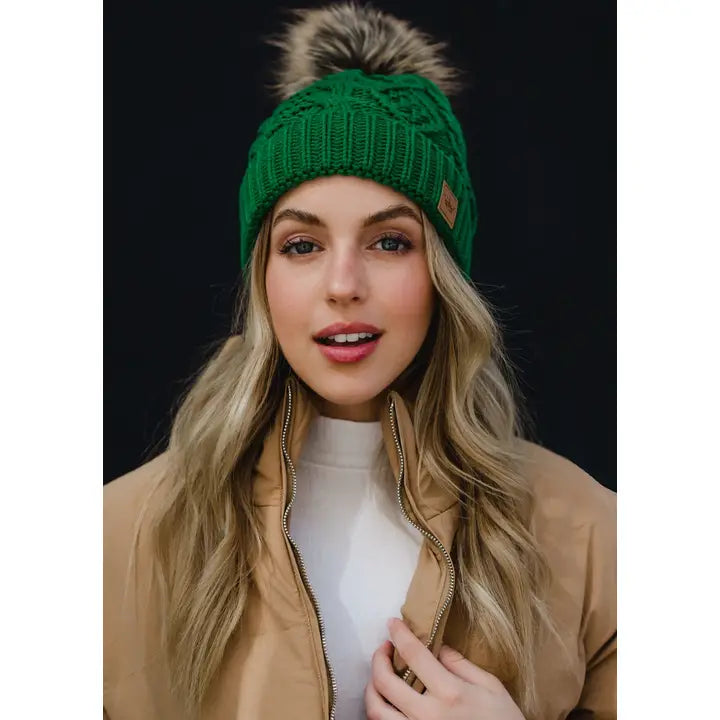 Panache - Classic Green Cable Knit Pom Hat