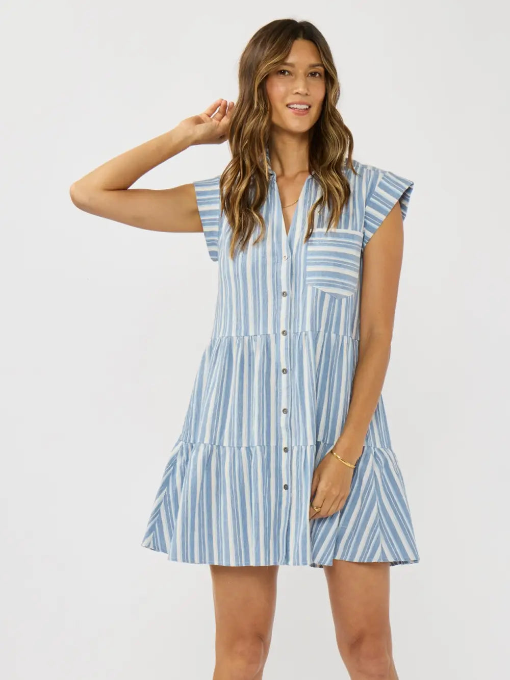 Lovestitch - Striped Button-Down Tiered Mini Dress