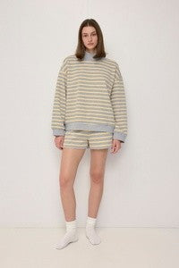Mod Ref striped shorts styled with matching striped sweatshirt
