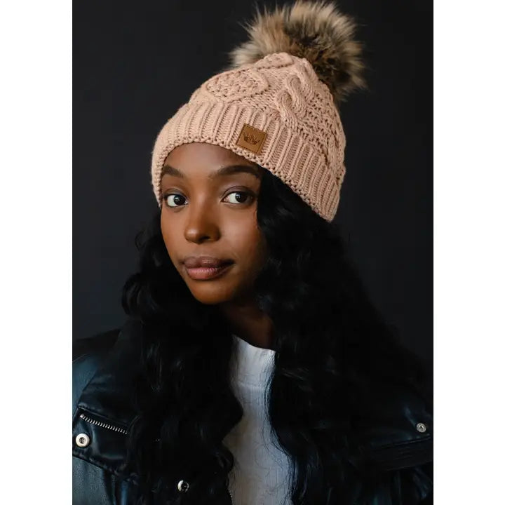 Panache - Peach Fuzz Cable Knit Pom Hat