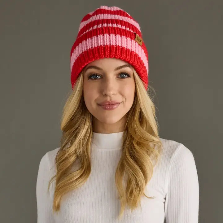 Panache - Red & Blush Striped Knit Beanie