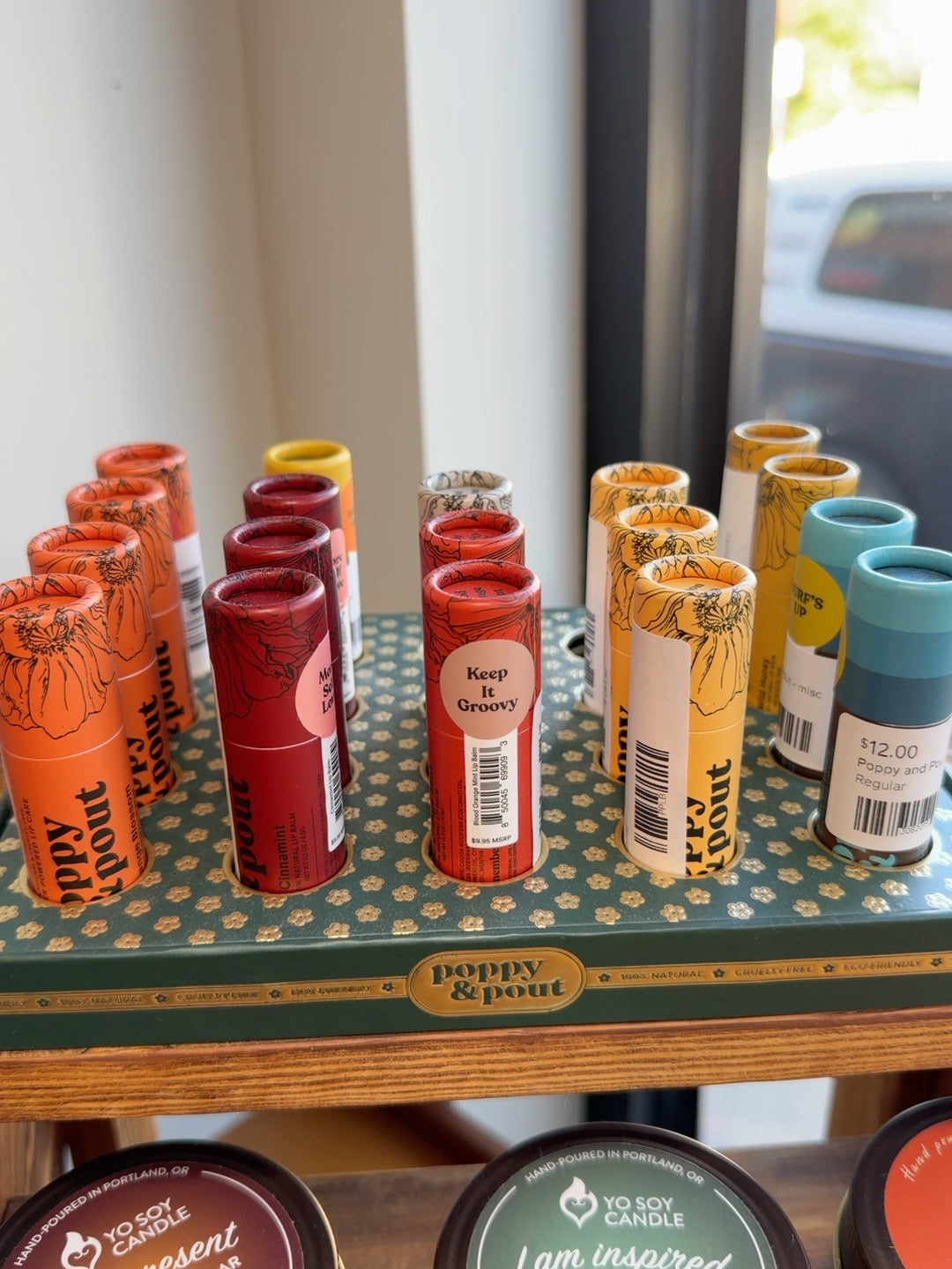 Poppy and Pout lip balms on display at Eli Jo boutique