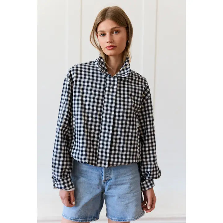 Raisonnel navy gingham jacket modeled front view