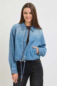Risen blue denim raglan sleeve bomber jacket on model