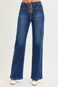 Risen - Lace-Front High-Rise Wide-Leg Jeans