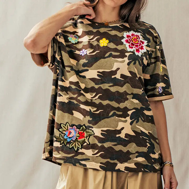 Urban Daisy camo floral patch oversized cotton tee modeled front view