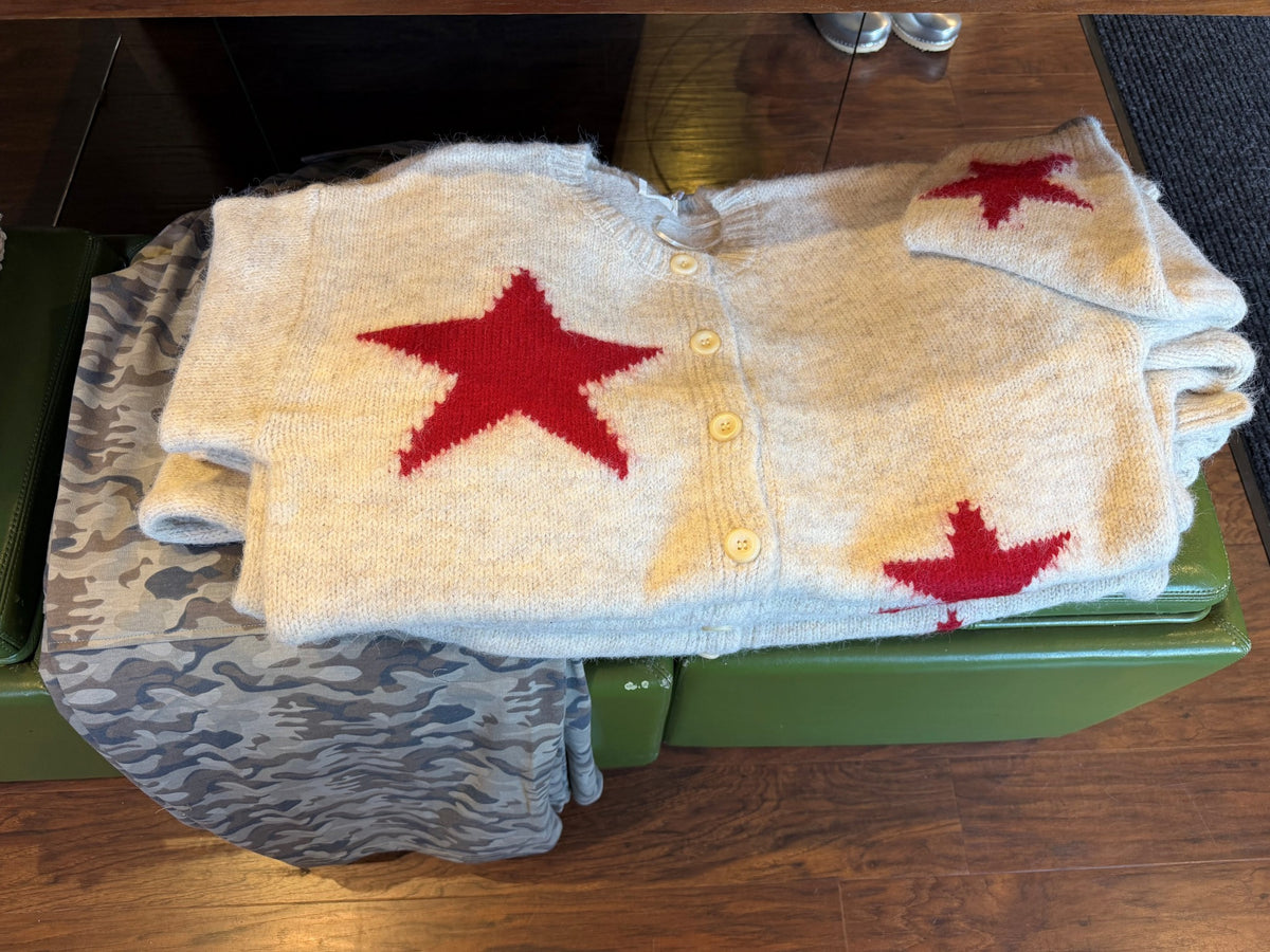 Oatmeal fuzzy cardigan with red stars and front buttons
