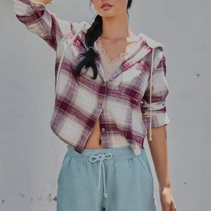 Urban Daisy - Hooded Plaid Flannel Shacket with French Terry Hood