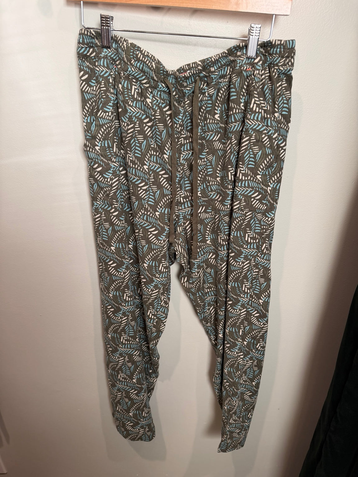 White Stuff linen blend drawstring trousers in brown teal and cream leaf print